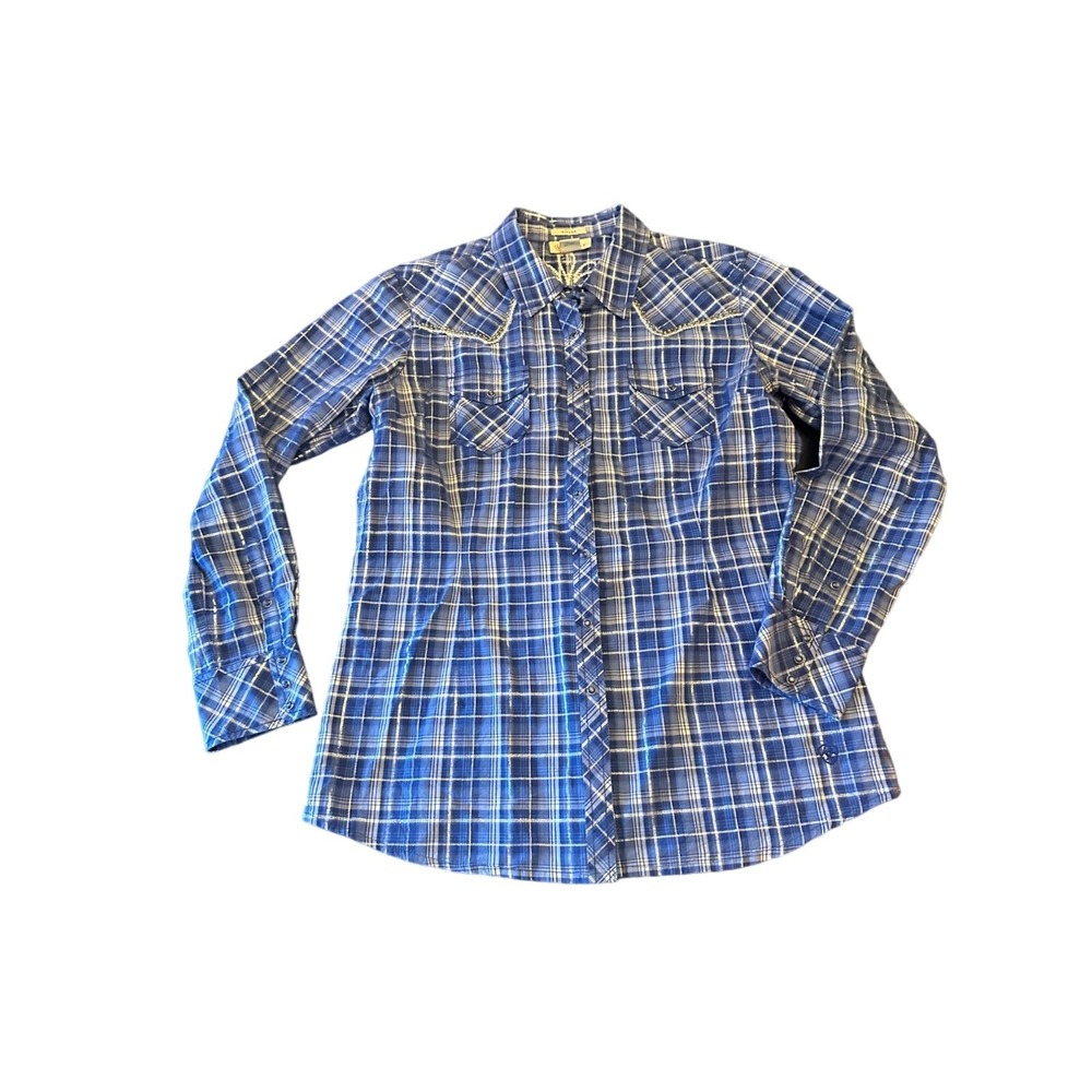 Ariat Western Shirt Blue Plaid Silver Lurex Beaded Yoke Fitted Pearl Snap XL